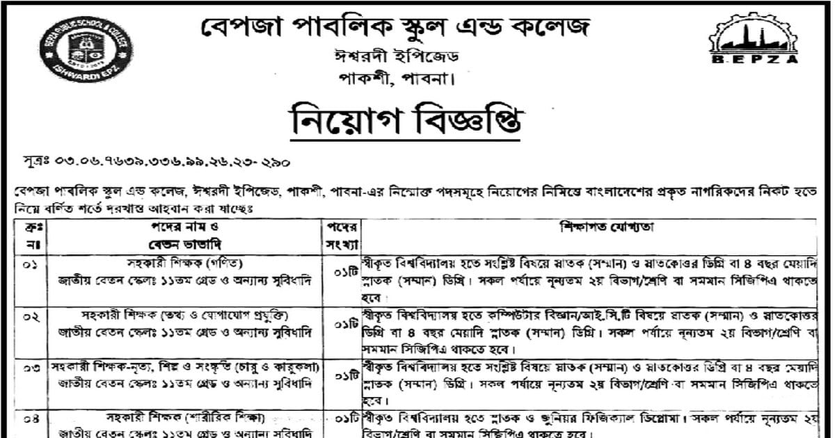 BEPZA Job Circular- বাংলাদেশ রপ্তানি প্রক্রিয়াকরনে নিয়োগ